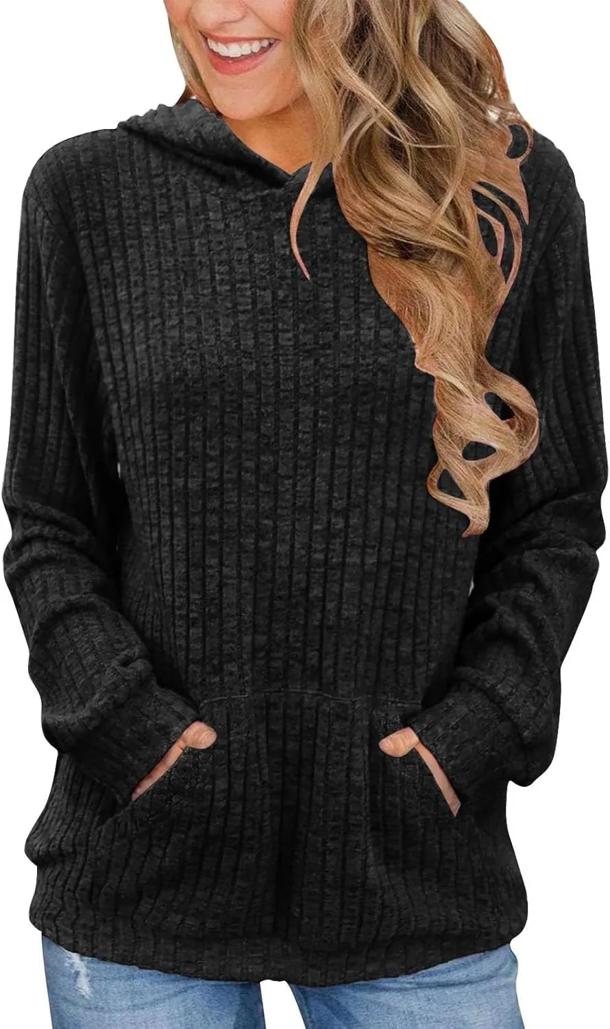 Plus Size Hoodies for Women Comfy Long Sleeve Shirts Kangaroo Pocket Pullover Sweatshirts Ribbed Knit Tunic Sweater