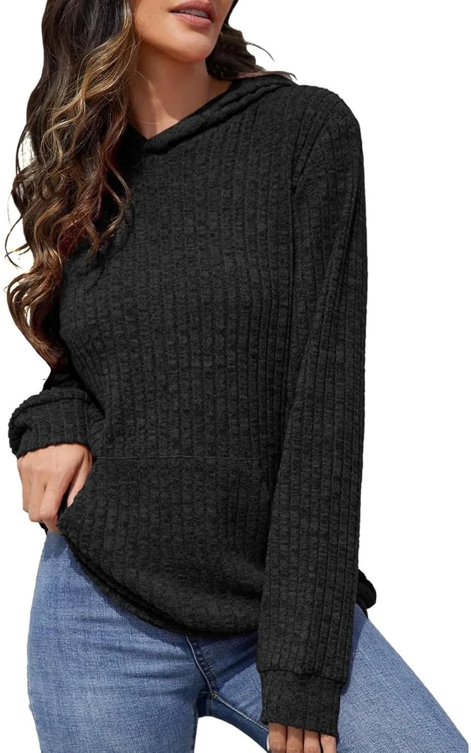 Plus Size Hoodies for Women Comfy Long Sleeve Shirts Kangaroo Pocket Pullover Sweatshirts Ribbed Knit Tunic Sweater