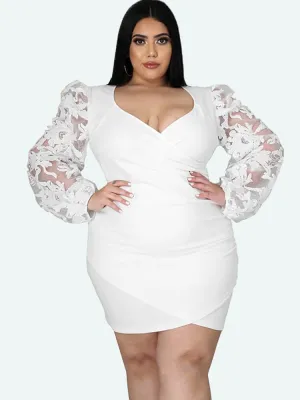 Plus Size Lace Long Sleeve Wrap Hip Mini Dresses