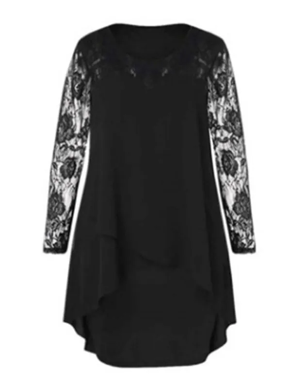 Plus size lace sleeve long sleeve splicing round neck irregular chiffon dress