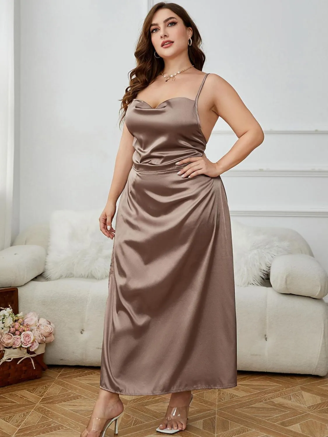Plus Size Lace-Up Spaghetti Strap Split Night Dress | Sexy Backless Design