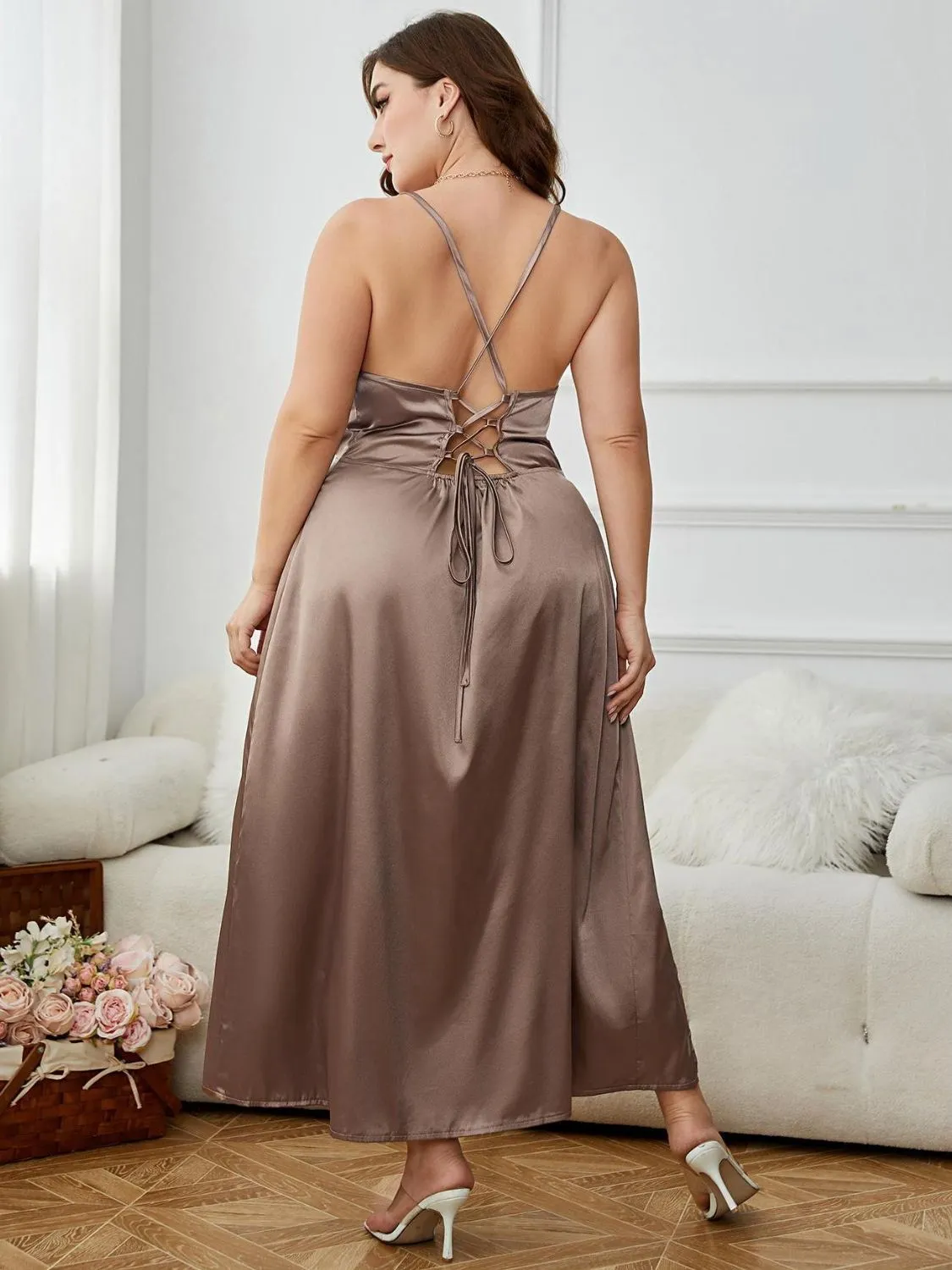 Plus Size Lace-Up Spaghetti Strap Split Night Dress | Sexy Backless Design