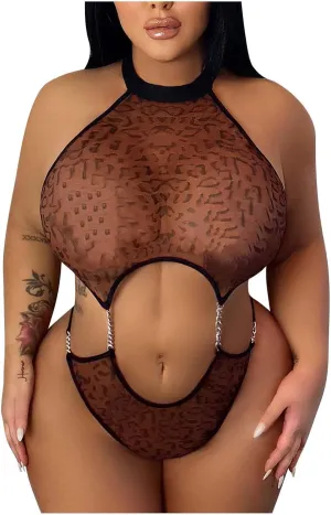 Plus Size Lingerie Set For Women, 2 Piece Sexy Leopard Mesh Halter Bralette and Panty Sets Exotic Boudoir Outfits
