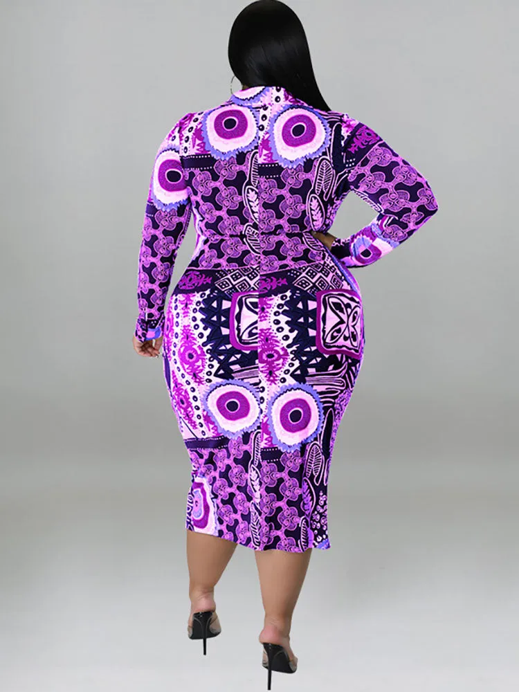 Plus Size Long Sleeve Lapel V Neck Midi Dresses