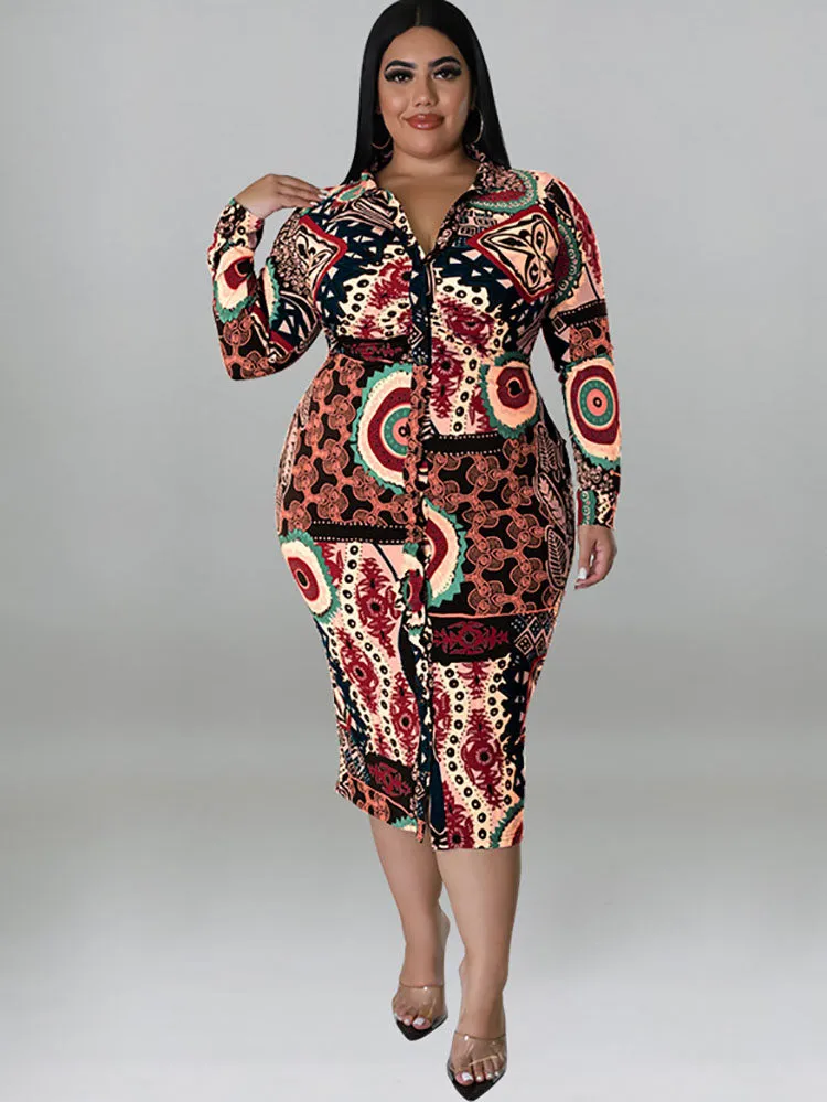 Plus Size Long Sleeve Lapel V Neck Midi Dresses