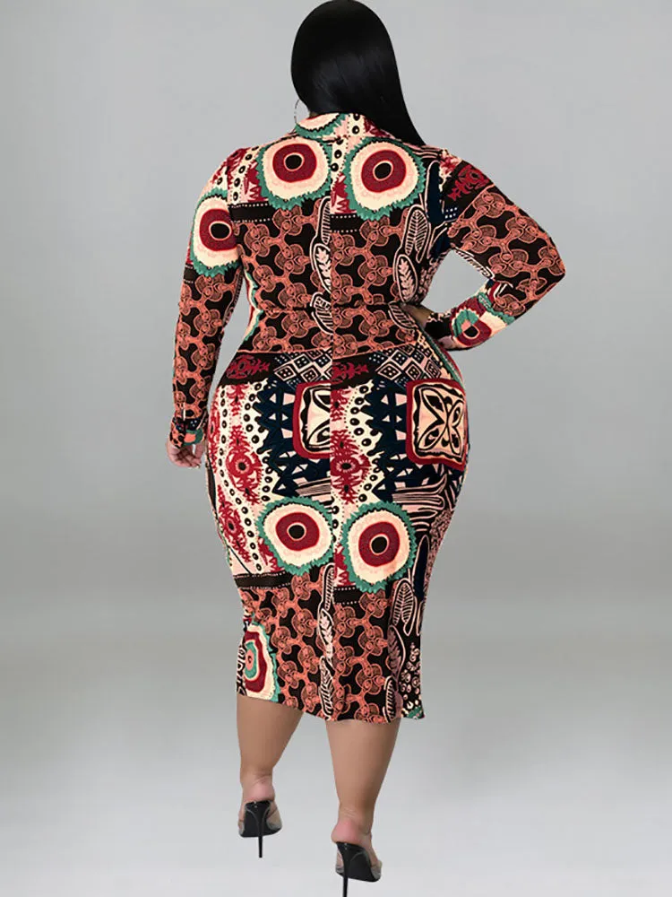 Plus Size Long Sleeve Lapel V Neck Midi Dresses