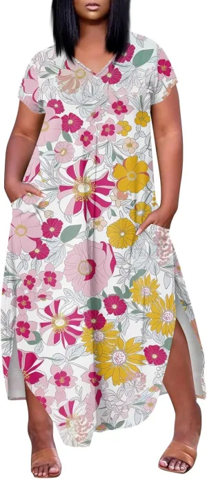Plus Size Maxi Dresses for Women Casual Short Sleeve Floral Boho Sundress Loose Split Tshirt Dresses with Pockets