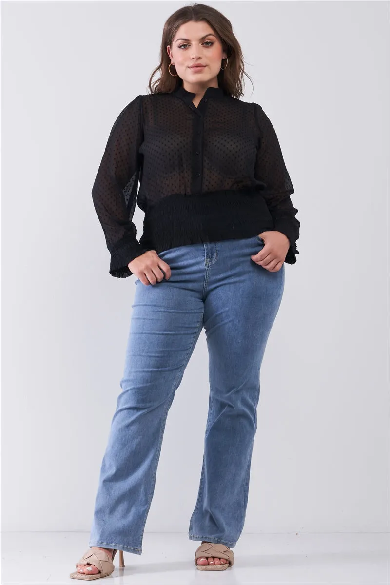 Plus Size Mesh Polka Dot Balloon Sleeve Button-down Smock Detail Blouse Top