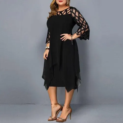 Plus Size O-Neck Mesh Double Layer Chiffon Dress