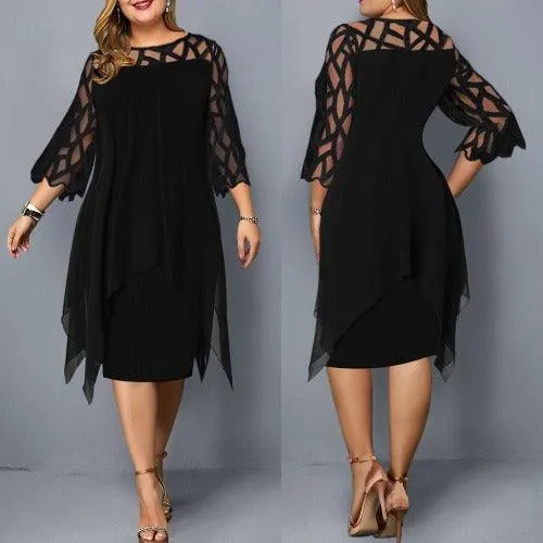 Plus Size O-Neck Mesh Double Layer Chiffon Dress