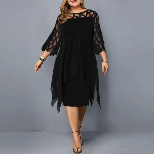 Plus Size O-Neck Mesh Double Layer Chiffon Dress