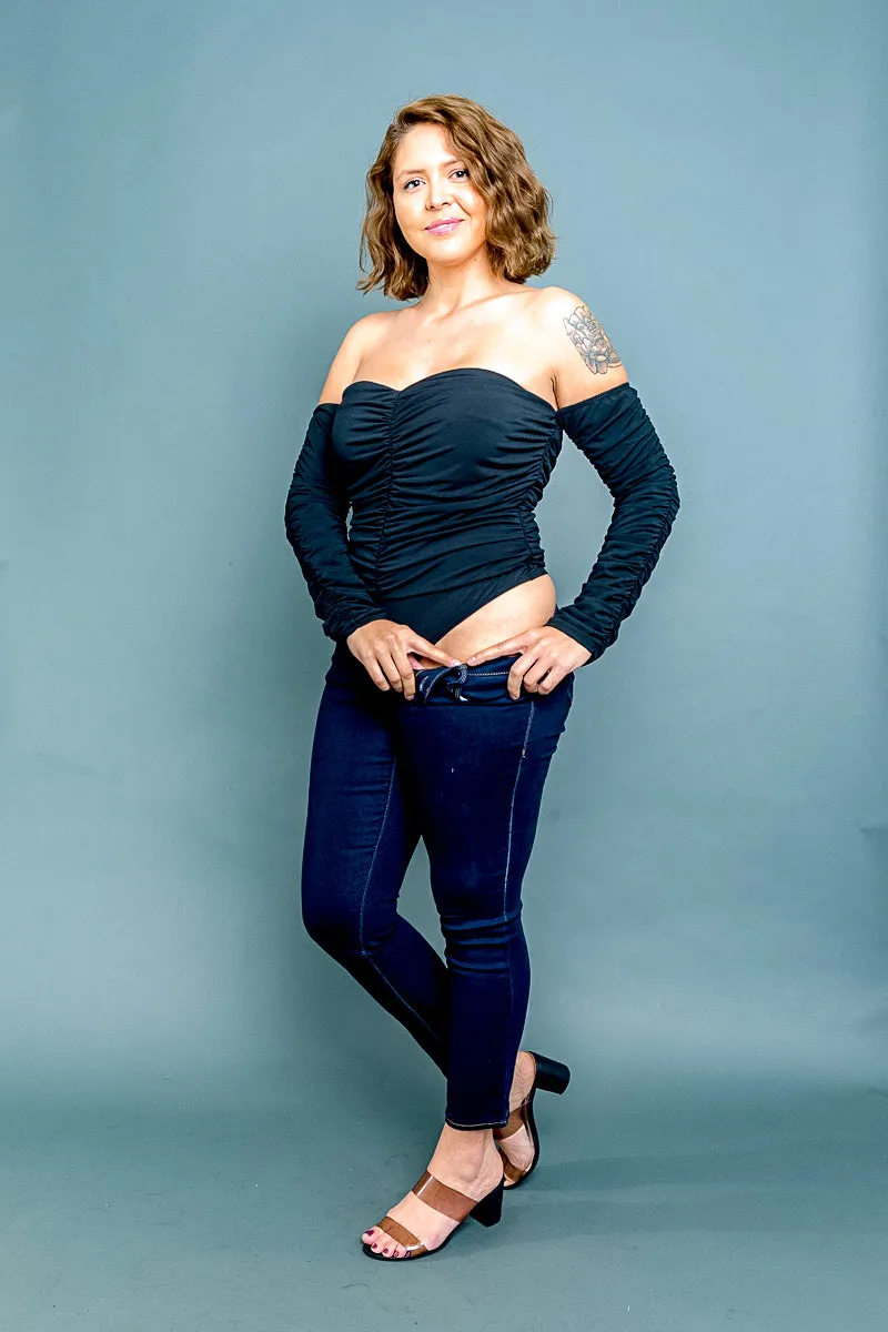 Plus Size Off Shoulder Ruched Sweetheart Neckline Bodysuit with Snap Crotch (CB51319P)