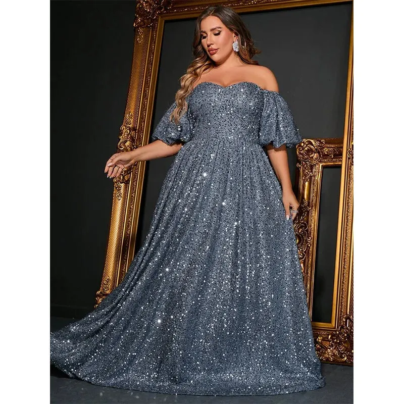 Plus Size Off-Shoulder Short-Sleeved Gray Silver Sequined Shiny Long Loose Evening Dress