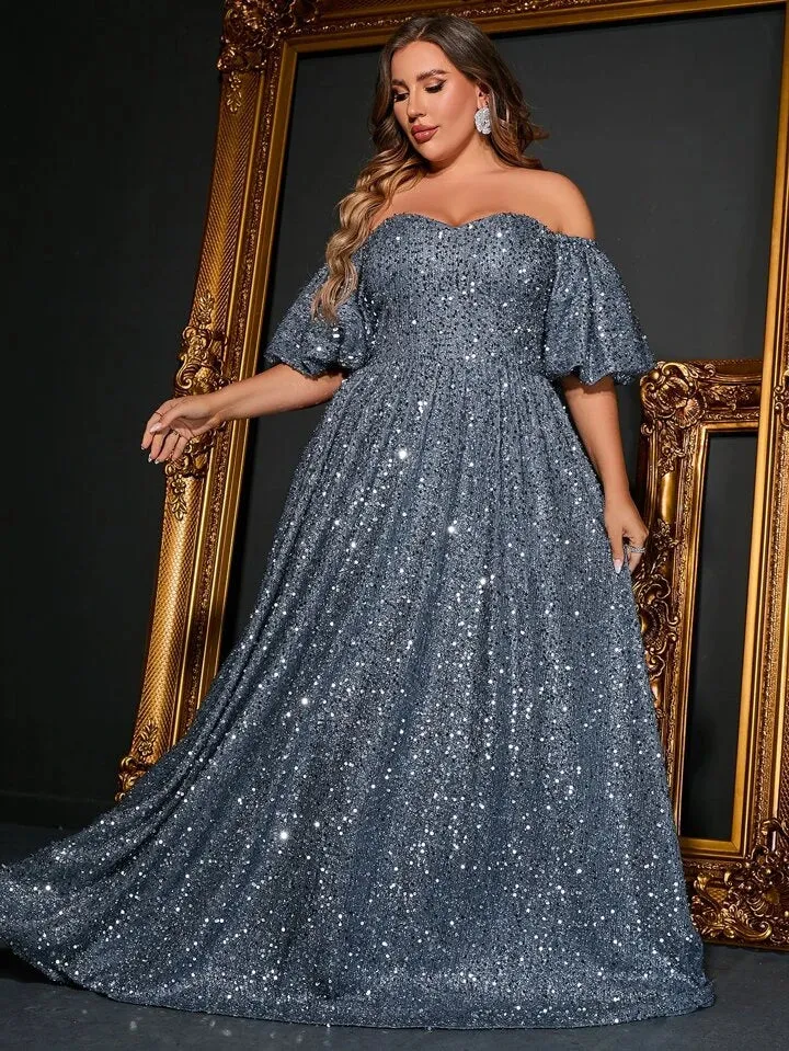 Plus Size Off-Shoulder Short-Sleeved Gray Silver Sequined Shiny Long Loose Evening Dress