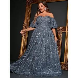 Plus Size Off-Shoulder Short-Sleeved Gray Silver Sequined Shiny Long Loose Evening Dress