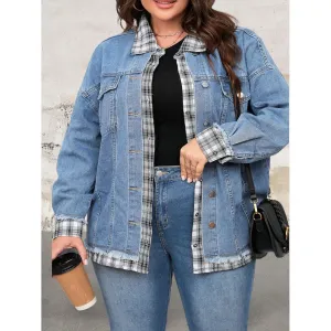 Plus Size Plaid Hem Denim Jacket