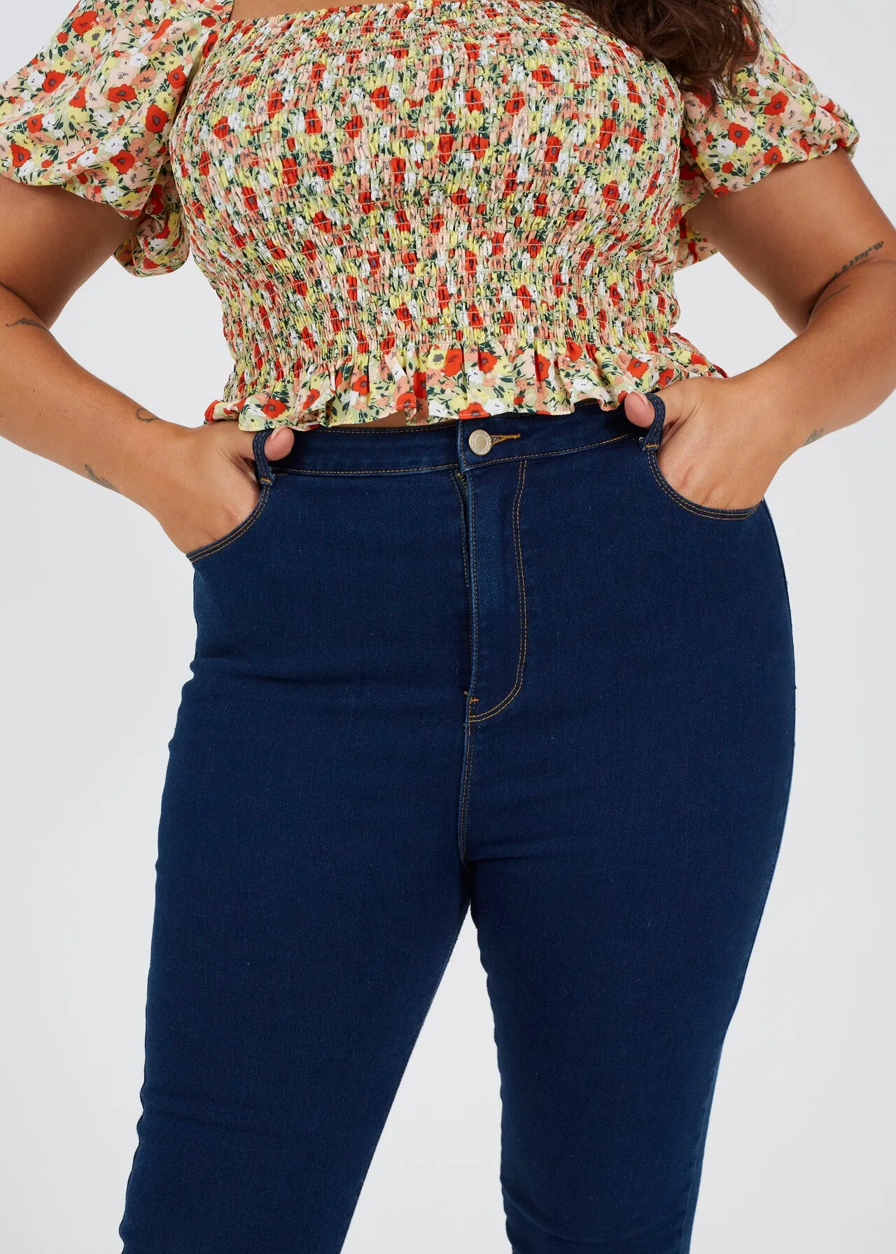 PLUS SIZE PLAIN MID BLUE SKINNY FITTED JEANS
