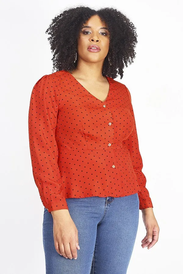 PLUS SIZE POLKA DOT PRINT LONG SLEEVE BLOUSE