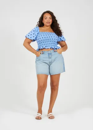 PLUS SIZE POLKA DOT PRINT SHIRRED PUFF SLEEVE TOP