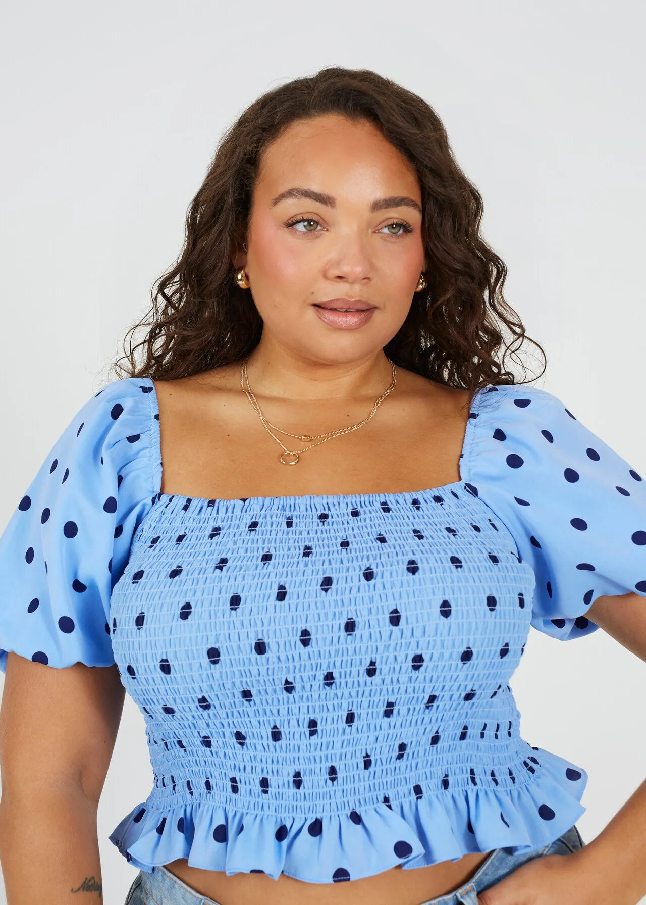 PLUS SIZE POLKA DOT PRINT SHIRRED PUFF SLEEVE TOP