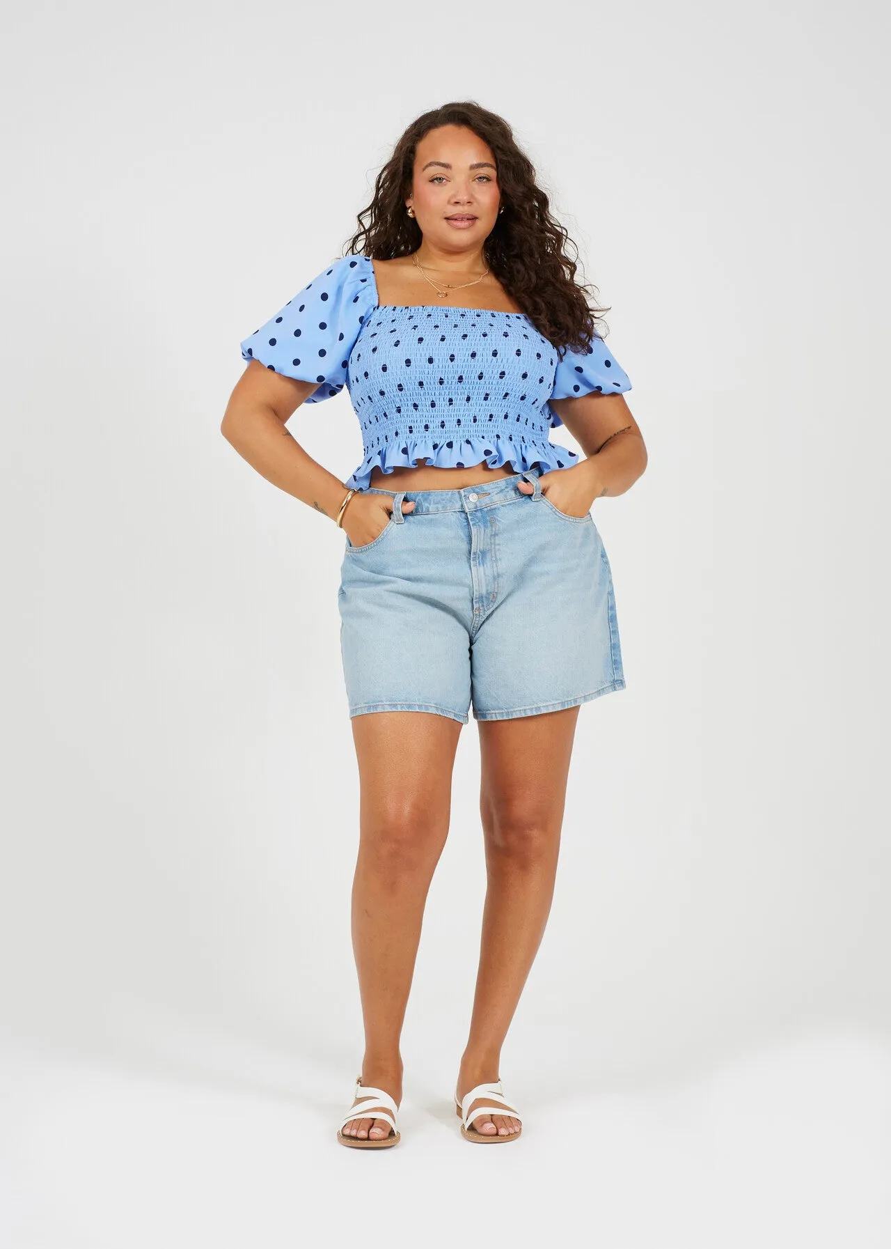 PLUS SIZE POLKA DOT PRINT SHIRRED PUFF SLEEVE TOP