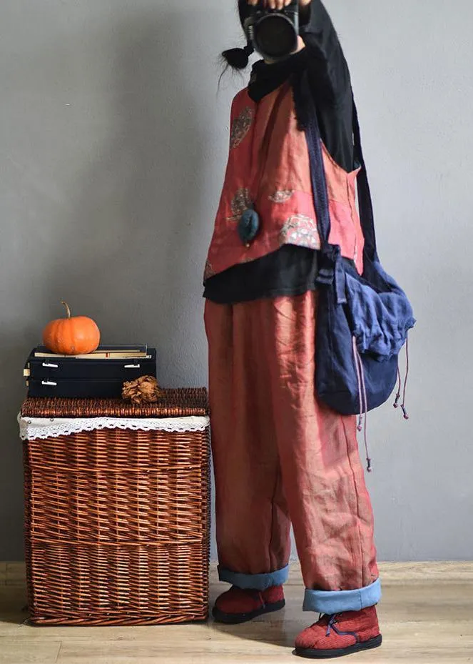 Plus Size Red Linen Wide Leg Pants Trousers