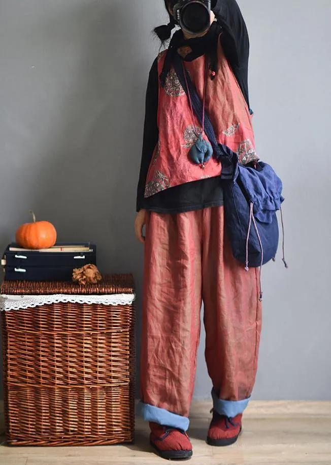 Plus Size Red Linen Wide Leg Pants Trousers