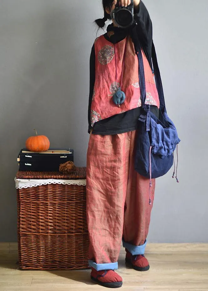 Plus Size Red Linen Wide Leg Pants Trousers