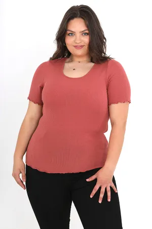 PLUS SIZE RIBBED LETTUCE TRIM SCOOP NECK T-SHIRT