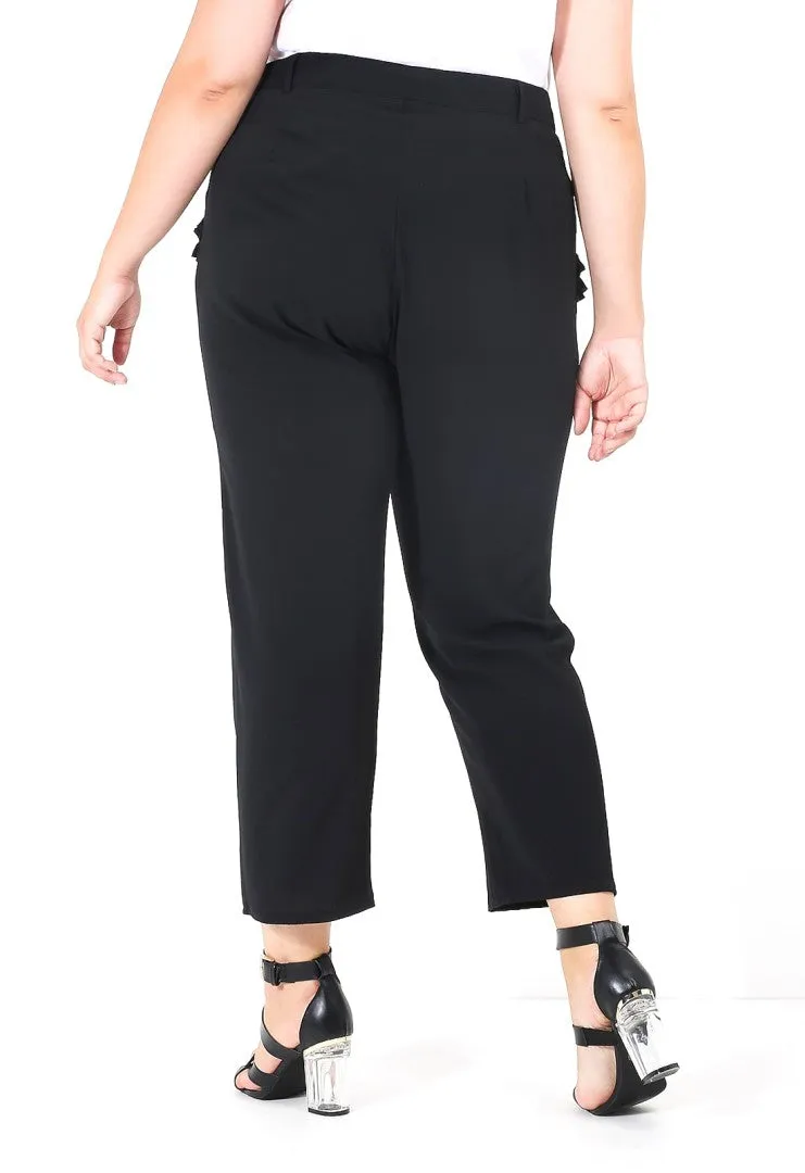PLUS SIZE RUFFLE DETAIL BLACK CIGARETTE TROUSERS