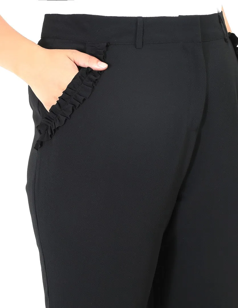 PLUS SIZE RUFFLE DETAIL BLACK CIGARETTE TROUSERS