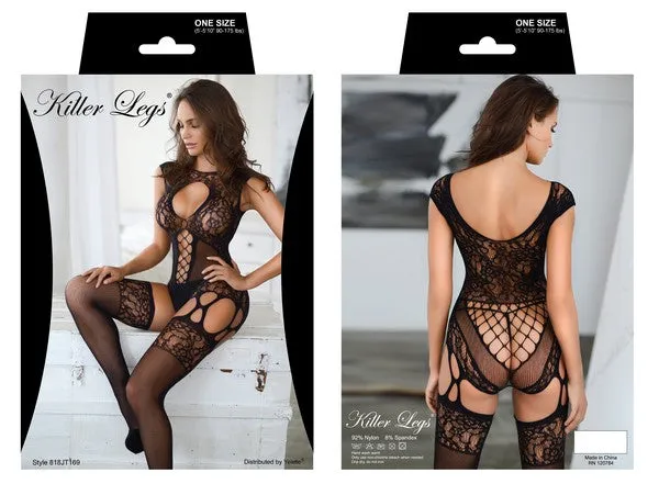 Plus Size Satin Ribbon Trim Lace Fishnet Bodysuit
