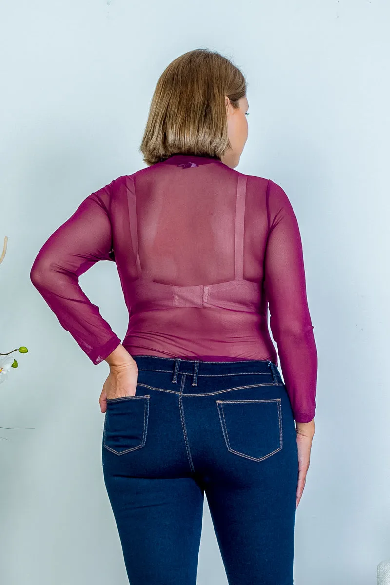 Plus Size Sheer High Neck Key Hole Long Sleeve Bodysuit with Snap Crotch in Burgundy (IT9047PL)