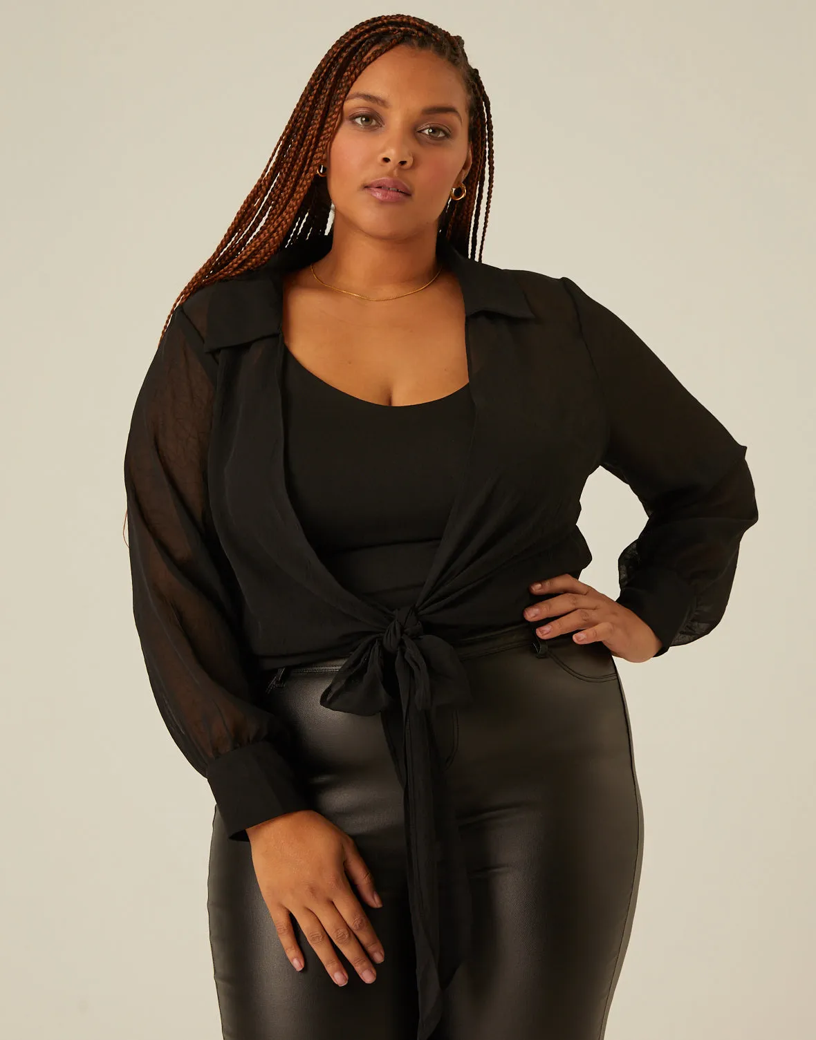 Plus Size Sheer Tie Front Top