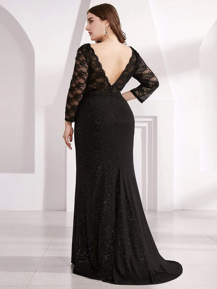 Plus Size Shiny Fishtail Evening Dresses with 3/4 Lace Sleeves