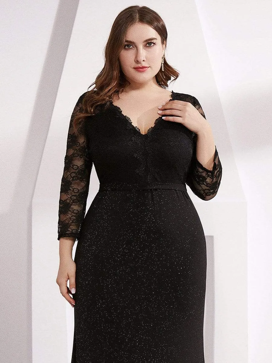Plus Size Shiny Fishtail Evening Dresses with 3/4 Lace Sleeves