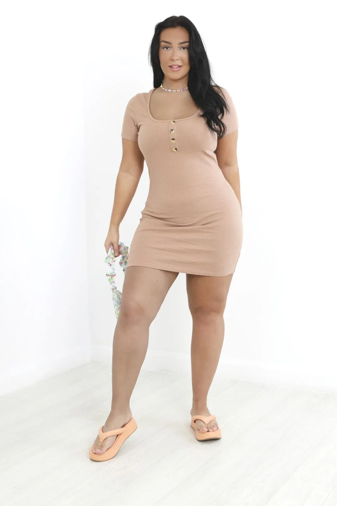 PLUS SIZE SHORT SLEEVE BUTTON DETAIL MINI DRESS