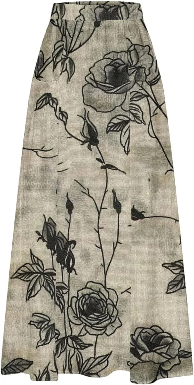 Plus Size Skirts for Women 2025 Summer Trendy Daisy Printed Boho Beach Skirt with Pocket Baggy Flowy Skirt