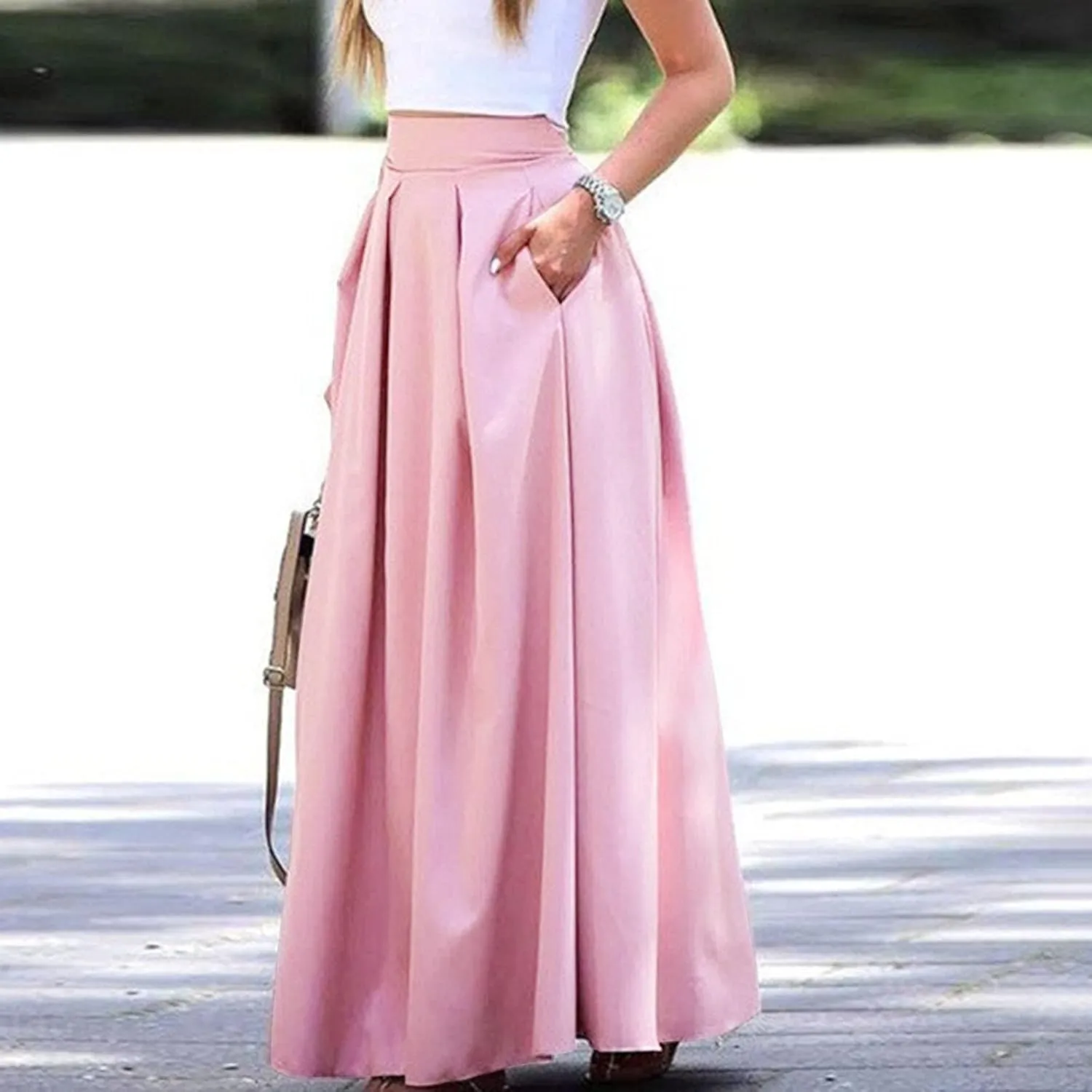 Plus Size Skirts for Women High Waisted Pleated Maxi Length Casual Skirt with Elastic Waist and Flowy Silhouette