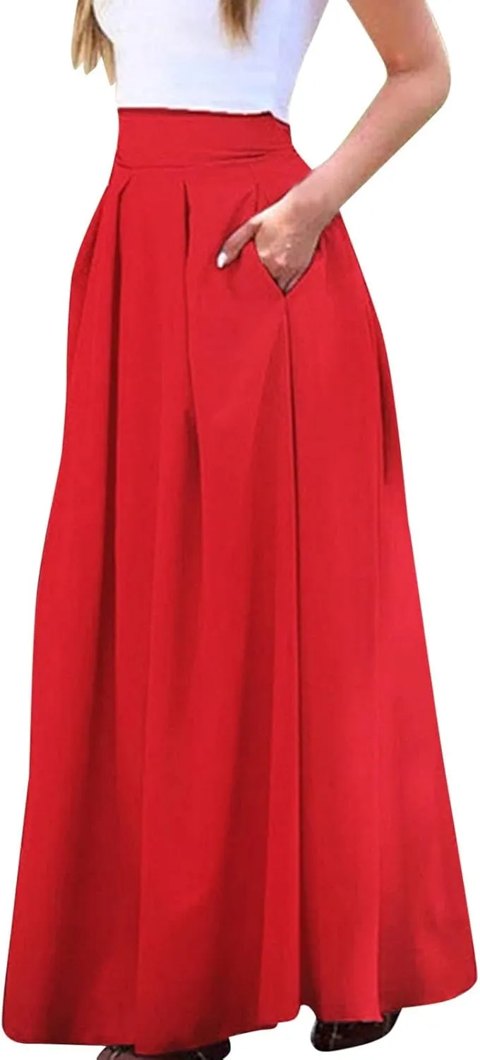 Plus Size Skirts for Women High Waisted Pleated Maxi Length Casual Skirt with Elastic Waist and Flowy Silhouette