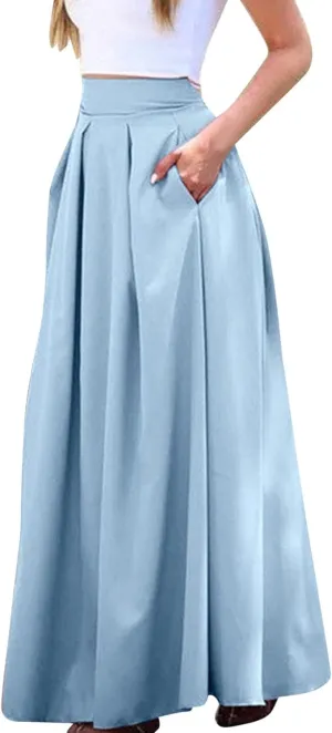 Plus Size Skirts for Women High Waisted Pleated Maxi Length Casual Skirt with Elastic Waist and Flowy Silhouette
