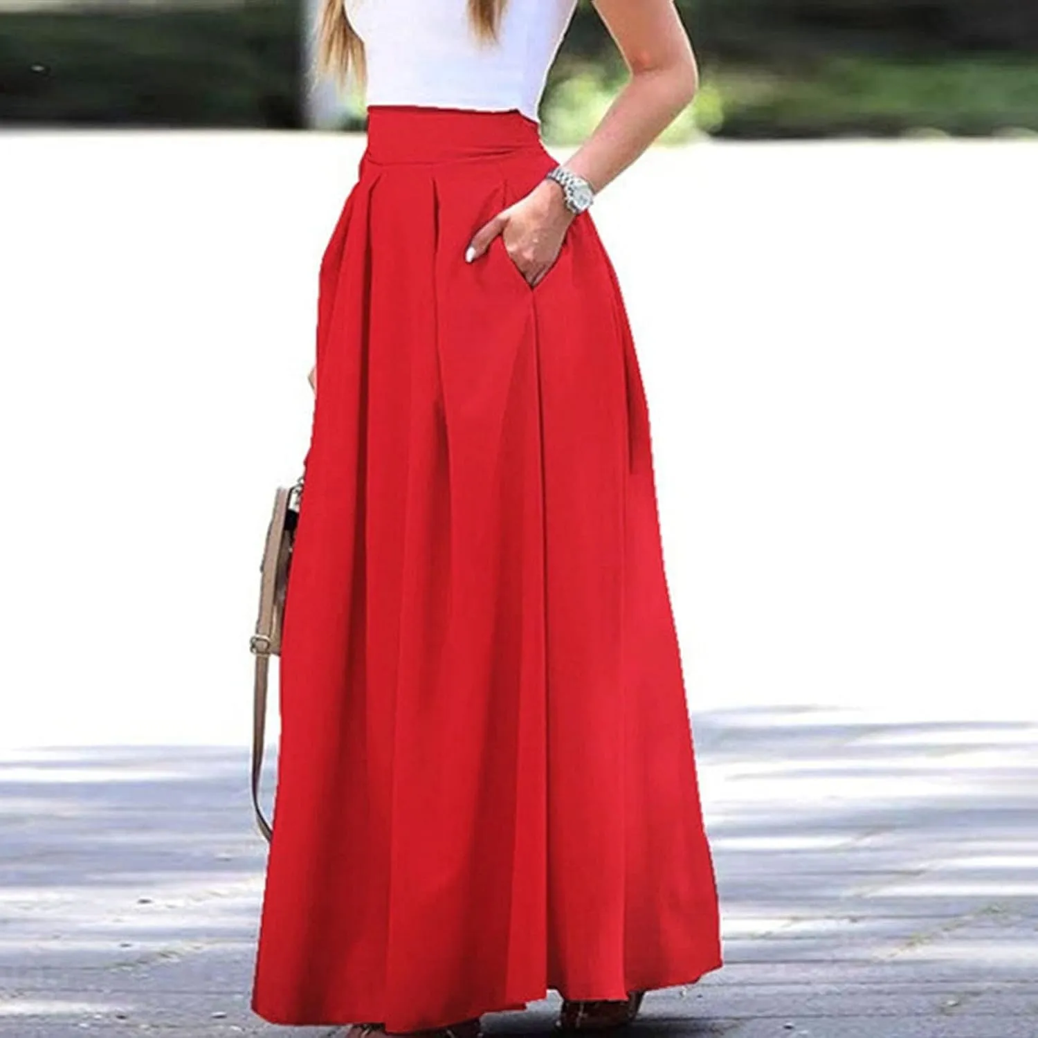Plus Size Skirts for Women High Waisted Pleated Maxi Length Casual Skirt with Elastic Waist and Flowy Silhouette