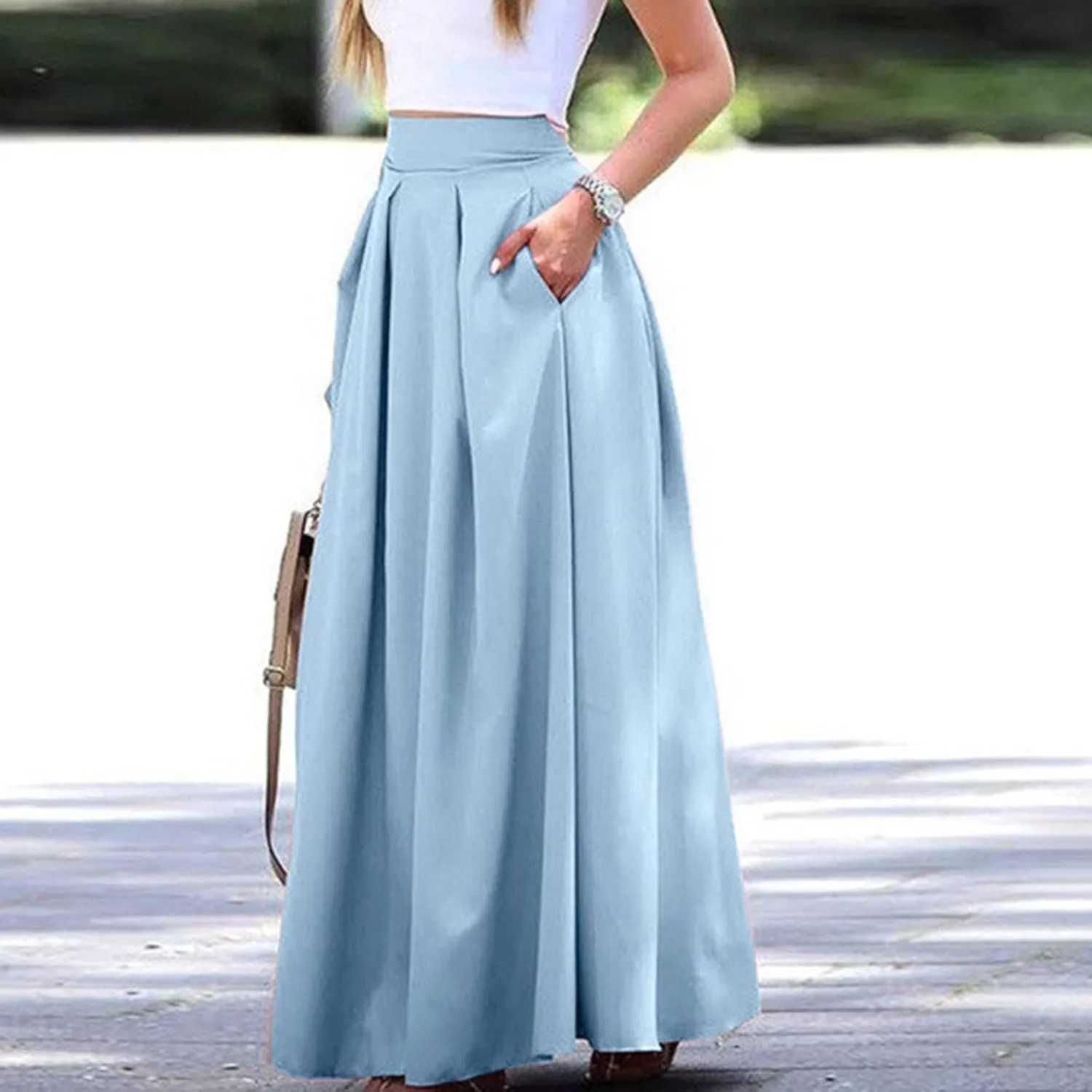 Plus Size Skirts for Women High Waisted Pleated Maxi Length Casual Skirt with Elastic Waist and Flowy Silhouette
