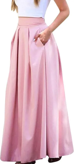 Plus Size Skirts for Women High Waisted Pleated Maxi Length Casual Skirt with Elastic Waist and Flowy Silhouette