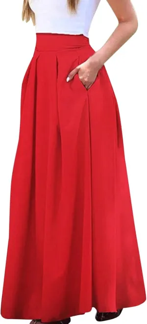 Plus Size Skirts for Women High Waisted Pleated Maxi Length Casual Skirt with Elastic Waist and Flowy Silhouette