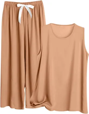 Plus Size Sleepwear Sets for Women Crew Neck Sleeveless Tank Tops and Pants Lightweight Casual Loose Nightwear Set