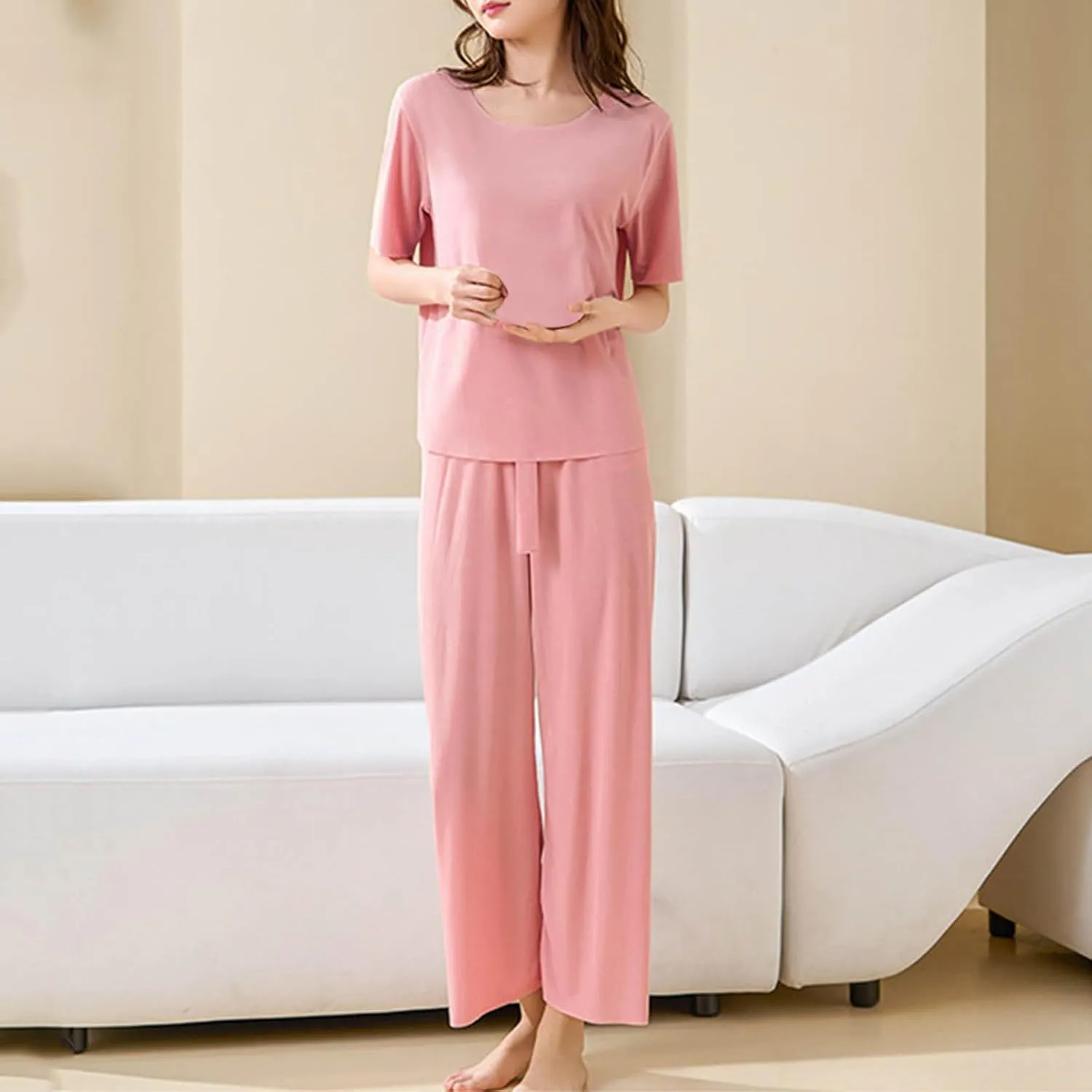 Plus Size Sleepwear Sets for Women Round Neck Short Sleeve T Shirts and Pants Lightweight Casual 2 Piece Pajamas Set