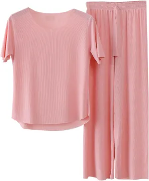 Plus Size Sleepwear Sets for Women Round Neck Short Sleeve T Shirts and Pants Lightweight Casual 2 Piece Pajamas Set