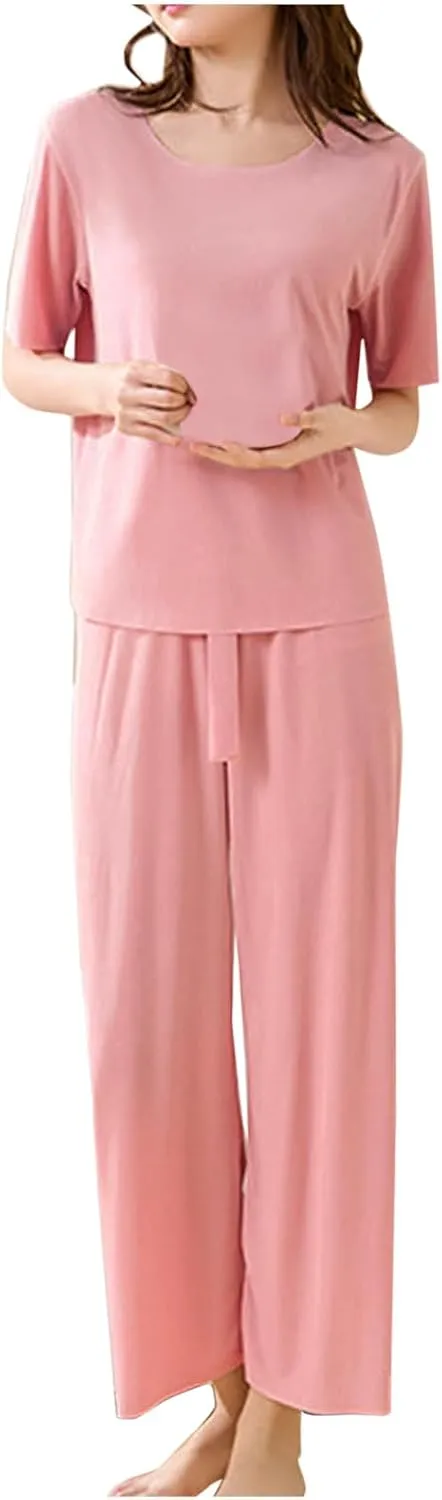 Plus Size Sleepwear Sets for Women Round Neck Short Sleeve T Shirts and Pants Lightweight Casual 2 Piece Pajamas Set