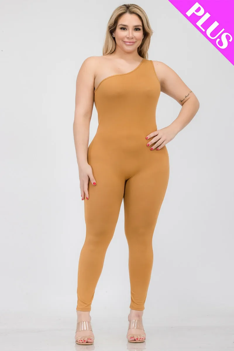 Plus Size Solid Color One Shoulder Jumpsuit